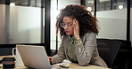 Laptop, typing and business woman with headache, stress and burnout with tax audit in office. Computer, migraine and accountant with pain, tired and fatigue in workplace with bookkeeping mistake