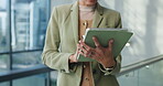 Hands, business and woman with tablet in lobby for accounting, finance report and budget review. Person, digital app and typing for research, financial planning and information for funding investment