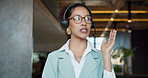 Business woman, consultant and walking with headset for online finance or advice in office. Female person, agent or financial advisor with tablet, app or mic for virtual assistance, support or help