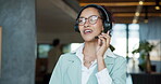 Happy, saleswoman and telemarketing with headset, call center and communication for lead generation. Friendly, consultant and person with mic for conversation, talk and explaining services to contact