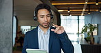 Businessman, consultant and broker with tablet or headset for online sales negotiation in office. Man, financial advisor or agent talking with mic, technology or aggression for trading assistance