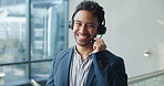Businessman, face and consultant with tablet or headset for online finance or customer service. Portrait, happy man or agent with smile, mic or technology for virtual assistance or financial advice