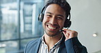 Telemarketing, face and man with headset, call center and explaining service to contact and talking. Happy, salesperson and consultation for lead generation, communication and chat with mic in office