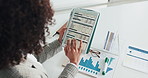 Woman, tablet screen and statistics with documents for revenue, payroll or salary in office. Top view, female person or accountant with technology display, paperwork or graph for performance review