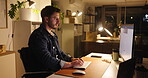 Business man, typing and computer in office at night with review, work article and deadline. Person, overtime and pc for research, information and task commitment for draft in publishing company