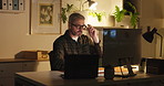 Business man, glasses and computer in office at night with review, work article and deadline. Person, overtime and laptop for research, information and task commitment for draft publishing company