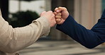 Hands, city and business people with fist bump for support, partnership and thank you. Team, friends and workers with gesture outdoor for collaboration together, success and agreement with deal