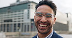 Face, laugh and business man in city for property development, opportunity and smile. Portrait, infrastructure and professional outdoor with confidence, pride and funny urban planner with glasses