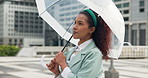 Walking, umbrella and business woman in city for morning commute, travel and journey to work. Professional, weather protection and person with inspiration, thinking and thoughtful in town for career