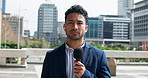 Man, face and anchor with mic for broadcast, breaking news or mass media reporter in city. Portrait, male person or presenter with announcement for POV, global headline or live story in an urban town