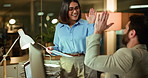 Business people, night and high five with documents for company success or performance in office. Businessman, woman or working late with statistics in celebration for winning, profit or deadline