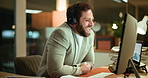 Night, video conference and business man on computer for virtual meeting, discussion and webinar. Office, corporate and person laugh with headphones for online seminar, networking and communication