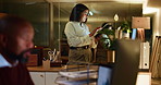 Woman, night or administrator with tablet in office for project deadline or research. Female person, admin or secretary working late with technology for company report, agenda or tasks in workplace