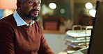 Business, night and black man in office, computer or financial agency with online reading. Mature person, evening or investor in workplace, pc or research for stock market exchange, internet or email
