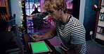 Drawing, green screen and tablet with man in tattoo studio for body art, creative process or ink. App, picture and sketch with small business employee in startup shop for culture or self expression