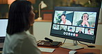 Night, video call and business woman in office for virtual meeting, discussion and webinar. Computer, corporate and person with team on screen for online seminar, web conference and communication