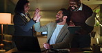 Business team, laptop and high five at night for journalism award, editor feedback or celebration. Happy people, journalist or victory in office for publication recognition, news headline or overtime