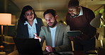 Business people, meeting and night with laptop for project deadline, research or review in office. Group, employees or analyst working late with technology for company performance or report together