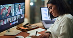 Notes, video call and business woman in meeting for virtual workshop, discussion and webinar. Night, corporate team and person on computer writing for online seminar, conference and communication