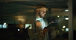 Business, night and man with tablet, smile and funny with investment deal, app and profit increase. Evening, investor or professional in workplace, fintech and internet with trading, laugh or success