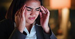 Business woman, night and headache with stress in office for fatigue, overworked or eye strain. Female person, employee or working late with pain, ache or migraine for burnout, deadline or pressure