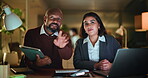 Night, business woman and man pointing with technology, review or help for digital marketing. Portrait, mentor and junior staff in workplace with communication, teamwork or internet app for overtime