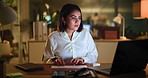 Night, typing and business woman on laptop for online proposal, company revenue and expense report. Dark, corporate and person on tech for financial review, budget planning and deadline in office
