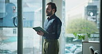 Tablet, vision and window with business man in office for management, planning or research. Administration, app and thinking with corporate employee in professional workplace for report or review