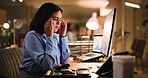 Computer, headache and night with business woman at desk in office for trading frustration or stress. Data, evening and stock market with employee in financial workplace for bankruptcy, debt or loss