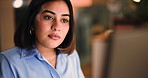 Woman, review and computer at office, night or solution for project management for overtime at media company. Person, writer and research for article, feedback and editing process at creative agency