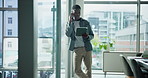 Phone call, tablet and black man in office with contact, networking or connectivity. Digital technology, cellphone and African male editor on mobile discussion for creative project in workplace