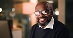 Business, black man and face with computer in office at night, finance graphs and solution. Mature person, pc and glasses reflection with financial results, profit growth and stats for audit deadline