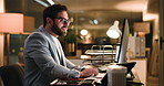 Businessman, typing and computer at night, review or research for stock market trading at company. Person, investor and perspective with pc for revenue stats, feedback or insight at finance agency