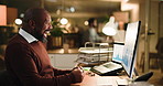 Celebration, mature man and night in office with computer, accountant or financial manager with graphs. Statistics, success and excited business person with laptop, administration agency and overtime