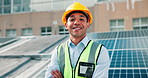 Face, solar panel engineer and happy man with confidence on roof in city for green power. Smile, renewable energy and photovoltaic technician with portrait, eco friendly electricity or sustainability