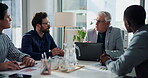 Business people, CEO and discussion in meeting in conference room with laptop for project management. Employees, boss and task delegation with tech, documents and data for collaboration at company