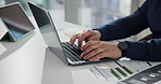 Business person, hands or typing with laptop for accounting, statistics or finance in office. Accountant, employee or analyst with computer, document or graph for company budget planning in workplace