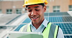 Smile, solar energy and tablet with construction worker man on rooftop for panel installation. App, electricity and planning with happy engineer in city for maintenance or repair of power equipment