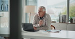 Thinking, business and man with laptop in office for vision, review article and solution for story. Mature person, glasses and pc with reflection, problem solving and editor feedback for publication