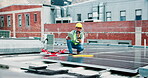 Radio, solar energy and tablet with construction worker on roof for panel maintenance. App, communication and sustainability with man on building in city for development or project management