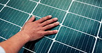 Energy, hand and solar panel with person closeup for inspection, installation or power supply. Building, construction and industry with engineer outdoor for development, maintenance or repair