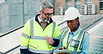 People, engineering and tablet for inspection of solar panel, maintenance and team in discussion on rooftop. Digital checklist, sustainable assessment and man with woman outdoor for renewable energy
