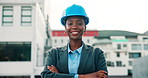 Face, construction site and black woman in city, arms crossed and architecture with career ambition. African person, outdoor and engineering with helmet, property development and building project