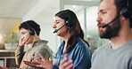 Telemarketing, coworkers and people with headset in call center, lead generation and explan service. Talking, agent and team with mic for communication with contact, sales and consultation with tech