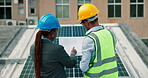 Back, people and talk with blueprint for solar panel design, floor plan and technical drawing. Employees, document and explain layout for installation, photovoltaic illustration and maintenance team