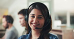 Portrait, happy or woman in call center with headset, virtual assistance or contact us for advice. Telecommunication, office or customer service agent with smile, technical support or client inquiry