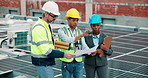 Documents, planning and solar energy with construction worker team on rooftop for installation. Collaboration, conversation and paperwork with people outdoor in city for photovoltaic power supply
