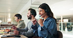 Fist pump, call center and woman in office with headset for telemarketing, sales goal and success. Customer service, coworking and workers celebrate for lead generation bonus, target and consulting