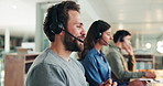 Business, call center and man in office, conversation and communication with tech support. People, consultation and employees in workplace, headset and customer service with discussion or help desk