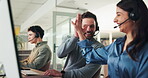 High five, coworkers and people with headset in call center, communication or celebration for sales. Talking, agent and team with mic for consultation with contact, success and excited with tech